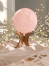 rose quartz sphere, wooden crystal sphere stand, crystal sphere stand, sphere stand, moon stand, moon crescent stand, moon decor, crystals, crystal decor, rose quartz 