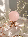 rose quartz sphere, wooden crystal sphere stand, crystal sphere stand, sphere stand, moon stand, moon crescent stand, moon decor, crystals, crystal decor, rose quartz 