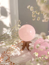 rose quartz sphere, wooden crystal sphere stand, crystal sphere stand, sphere stand, moon stand, moon crescent stand, moon decor, crystals, crystal decor, rose quartz 