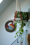 Hanging Macrame Circle Exposed Wood Shelf Maroon + Natural
