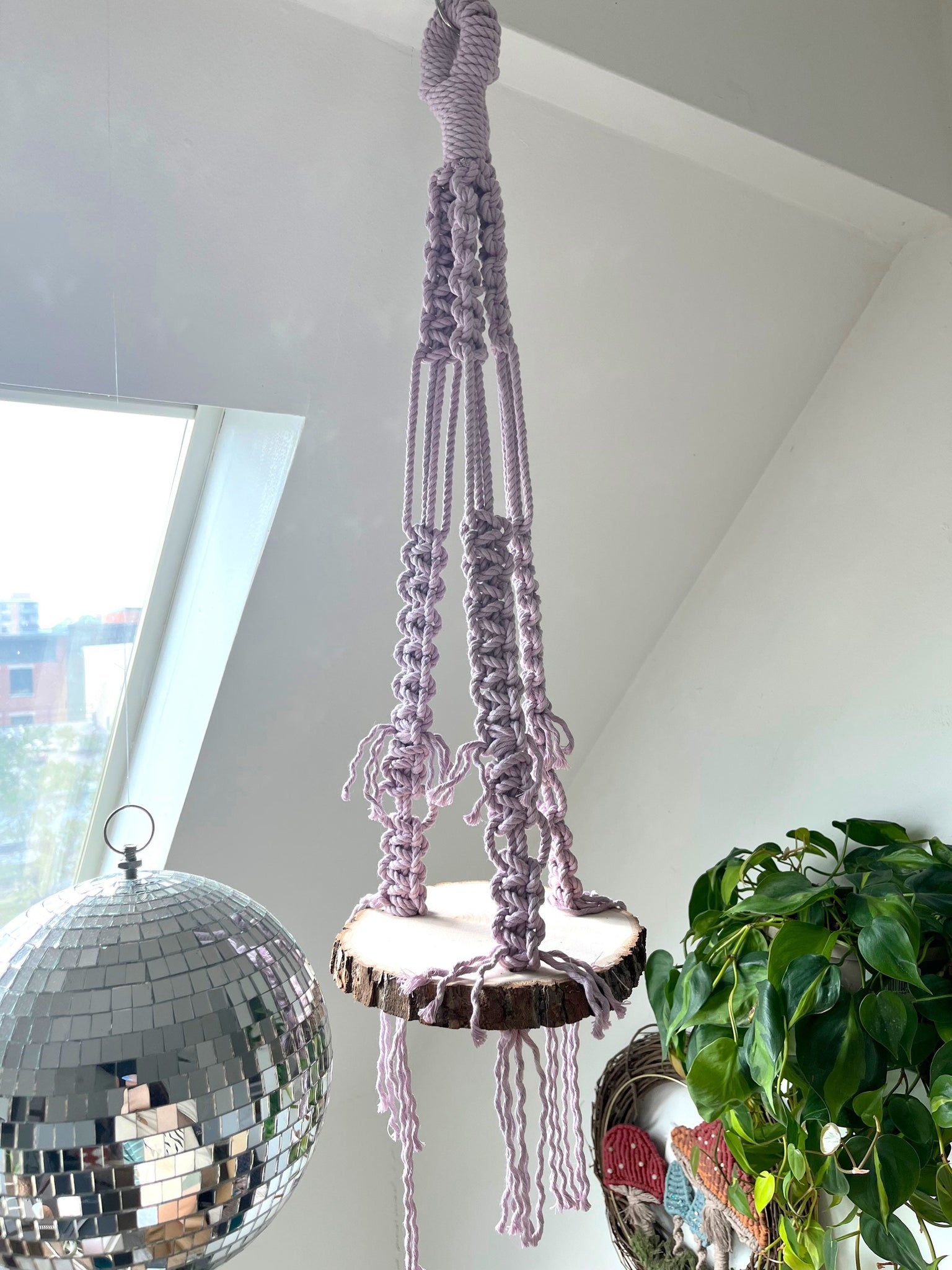 macrame plant hanger with glass shelf Lavender Macrame Hanging Circle Shelf with Exposed Wood
