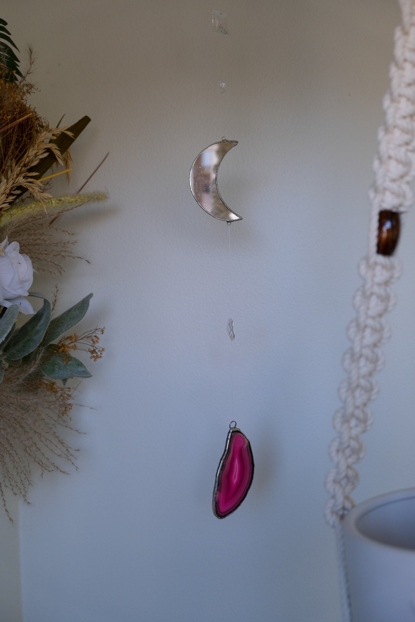 Resin moon sun catcher with real dried flowers in resin art boho